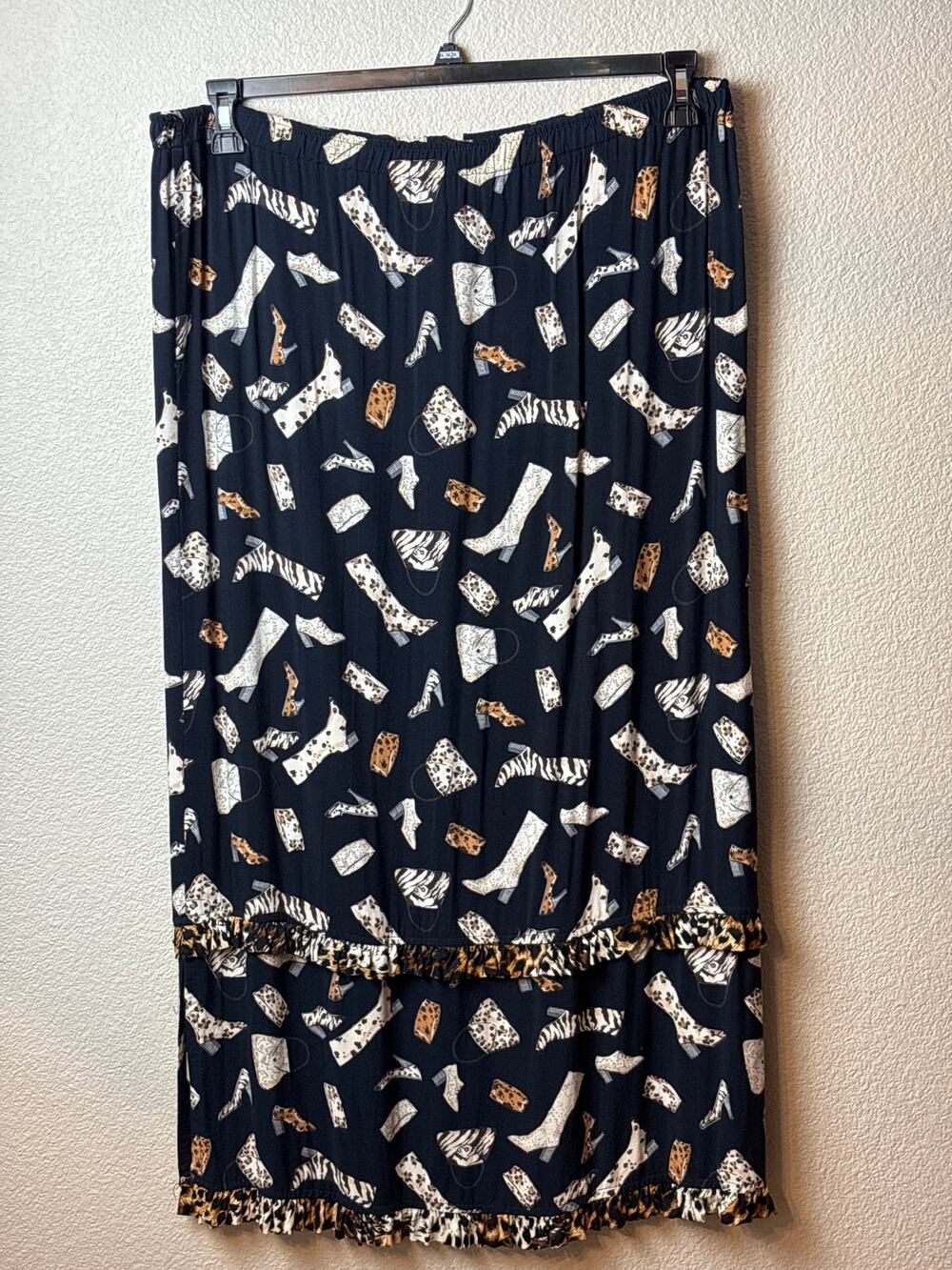 Cactus Flower Black Novelty Print Maxi Skirt Leopard Ruffle Hem Women's Size XL